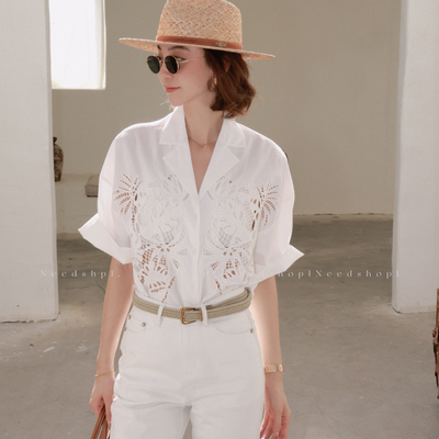 古巴领精致刺绣镂空短袖衬衫