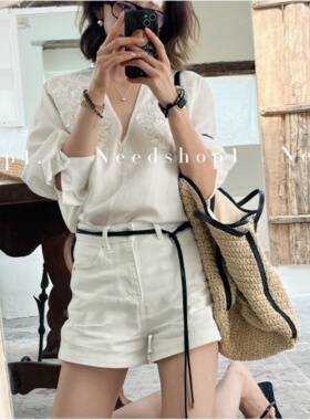 NeedShop12024夏季新款老钱风白色简约休闲高腰百搭牛仔短裤