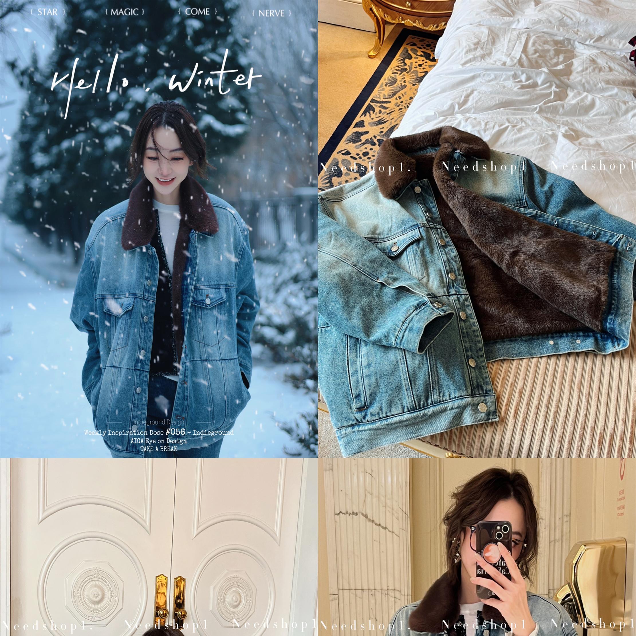 NeedShop1牛仔拼接皮草加厚外套