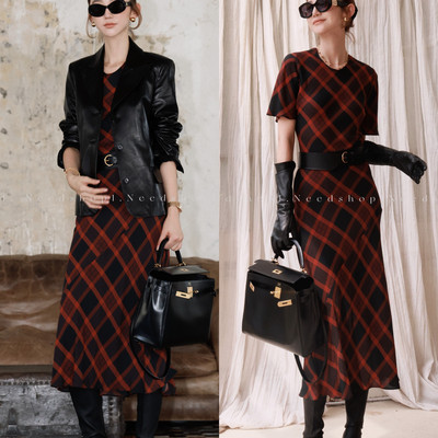 NeedShop1 新款时尚红格纹百搭气质短袖连衣裙女