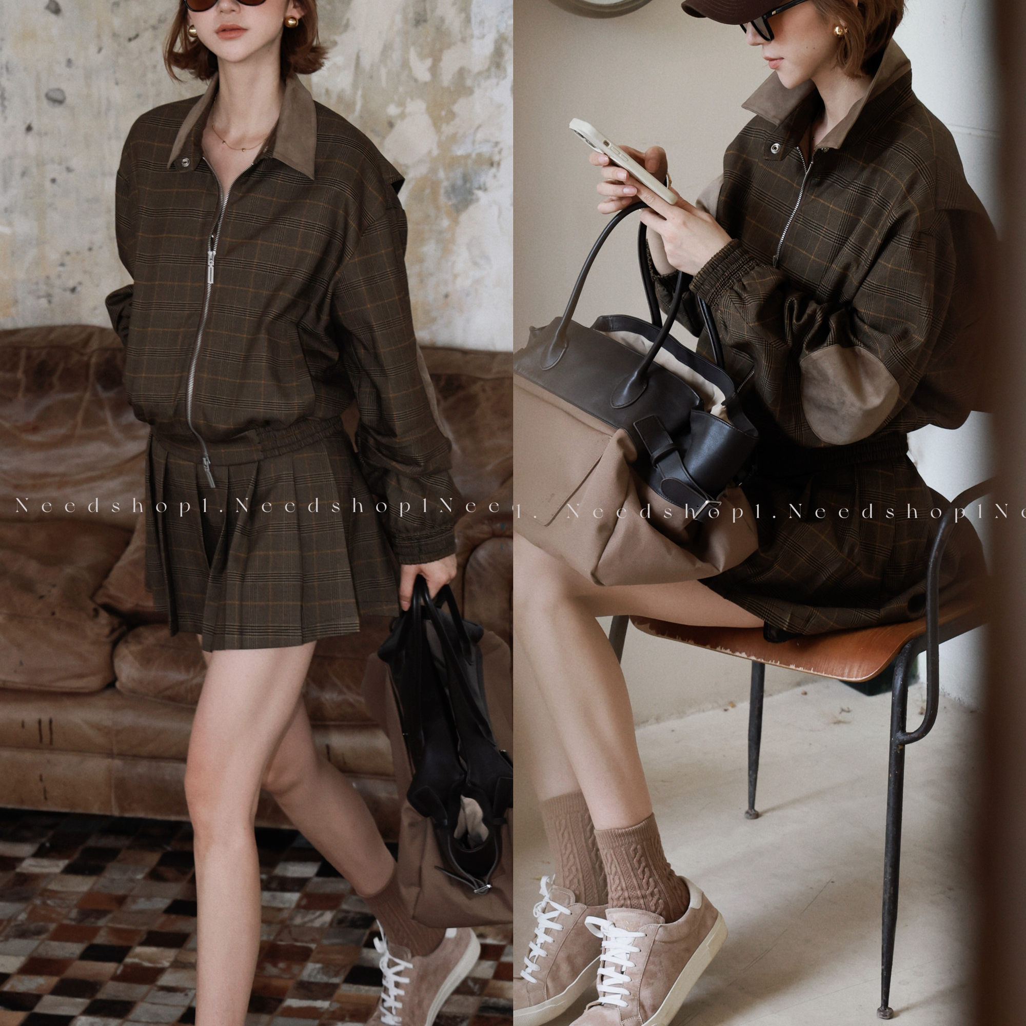 NeedShop1 新款深棕色格纹元素夹克外套+百褶半裙套装女