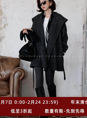 NeedShop1 冬季新款黑灰色人字纹100绵羊毛连帽中长气质毛呢外套