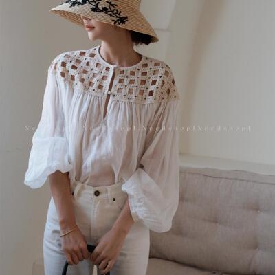 长袖复古镂空法式亚麻上衣女