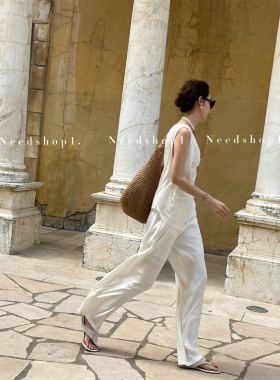 NeedShop12024夏季新款白色亚麻高级感舒适百搭宽松休闲阔腿长裤