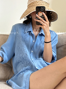 NeedShop1 2024新款蓝色刺绣法式时尚设计感宽松衬衫