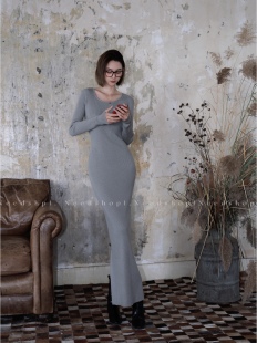 长款 NeedShop12023冬季 包臀羊毛经典 灰色针织气质修身 连衣裙 新款