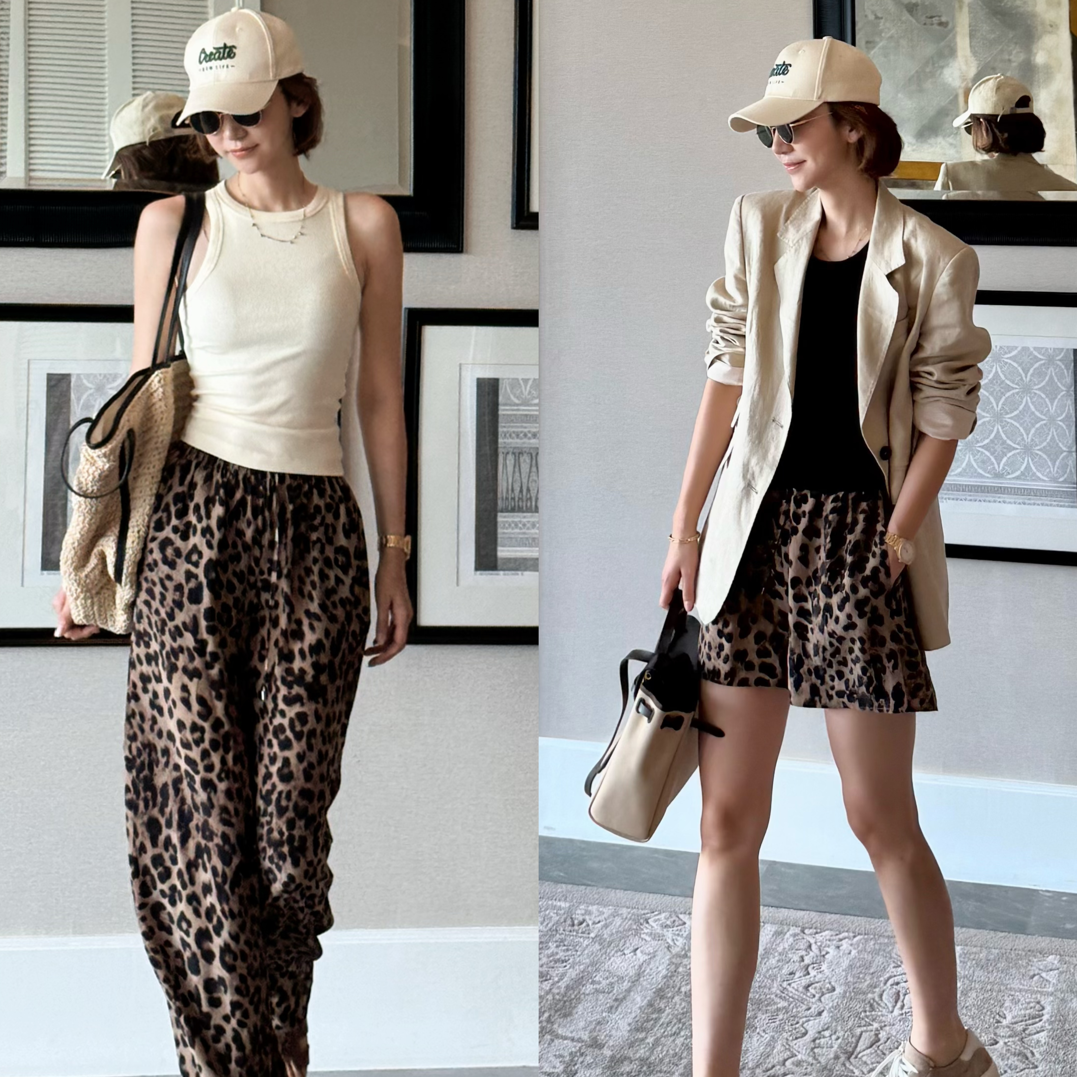 NeedShop12025夏季新款简约宽松松紧腰16姆米桑蚕丝豹纹长裤+短裤