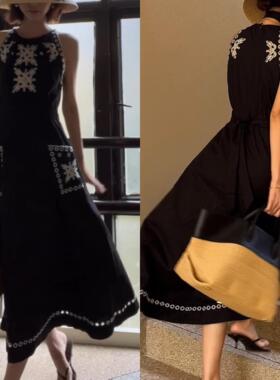 NeedShop1 2025春季新款黑白双色优雅镂空收腰刺绣长款连衣裙女