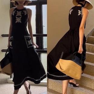 NeedShop1 2025春季新款黑白双色优雅镂空收腰刺绣长款连衣裙女