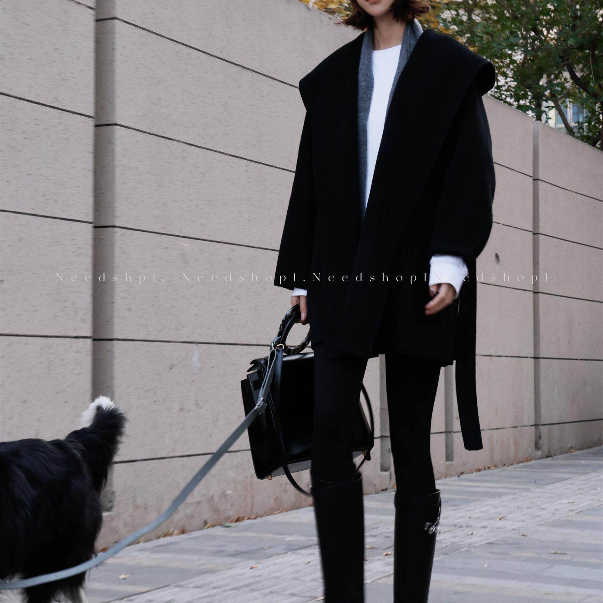 NeedShop1 冬季新款中长款100羊毛黑色人字纹连帽宽松大衣外套女,女装/女士精品,毛呢外套,淘宝优惠券,粉丝福利购,淘宝优惠卷