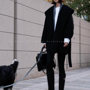 NeedShop1 新款 中长款 100羊毛黑色人字纹连帽宽松大衣外套女 冬季