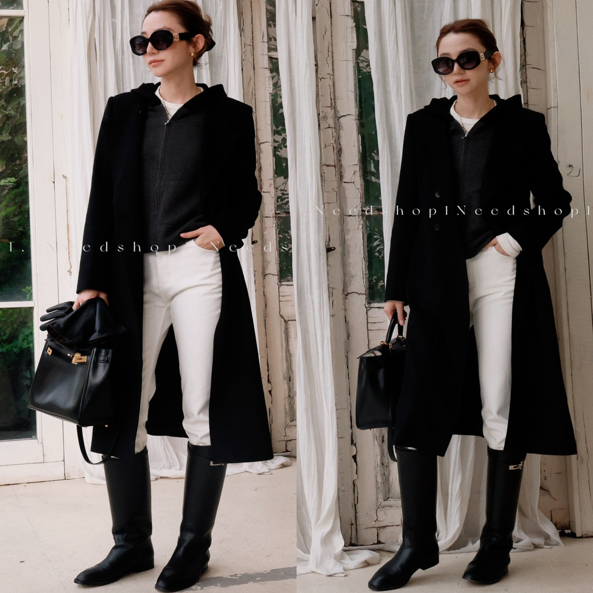 NeedShop1 黑色无领正肩简约超显瘦羊绒大衣毛呢外套