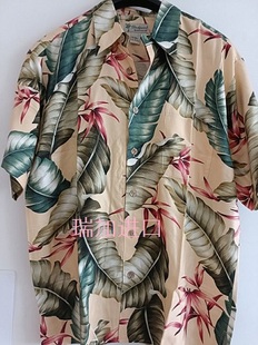 样品大叶L码 现货清仓出口夏威夷薄款 真丝人棉印花男衬衫