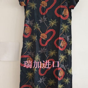 特价清仓出口夏威夷真丝人字斜纹印花圆领短袖A字长裙M码独一