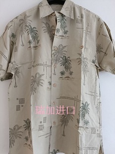 样品椰子画S码 现货清仓出口夏威夷薄款 真丝人棉印花男衬衫