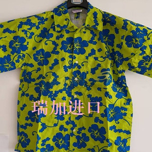 沙滩装 样品绿底蓝花M码 衬衫 现货清仓出口夏威夷纯棉印花男童短袖
