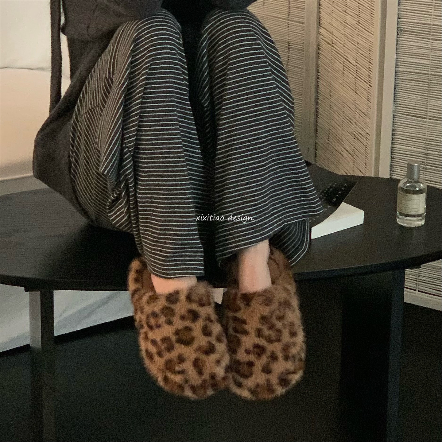 细细条ins高级感豹纹棉拖鞋