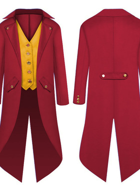 春秋新款中世纪复古燕尾服舞会派对中长红色演出礼服朋克cos服装