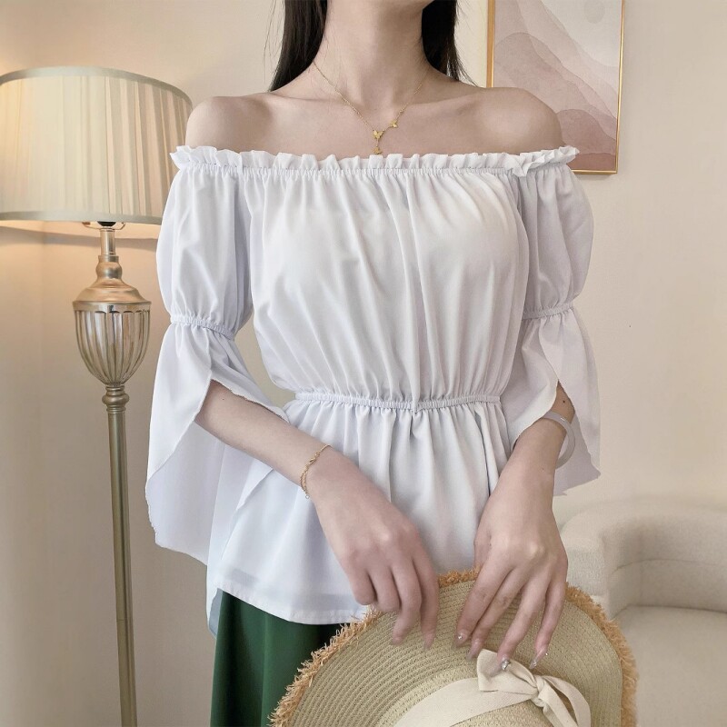 中世纪复古一字肩女士衬衫cos服