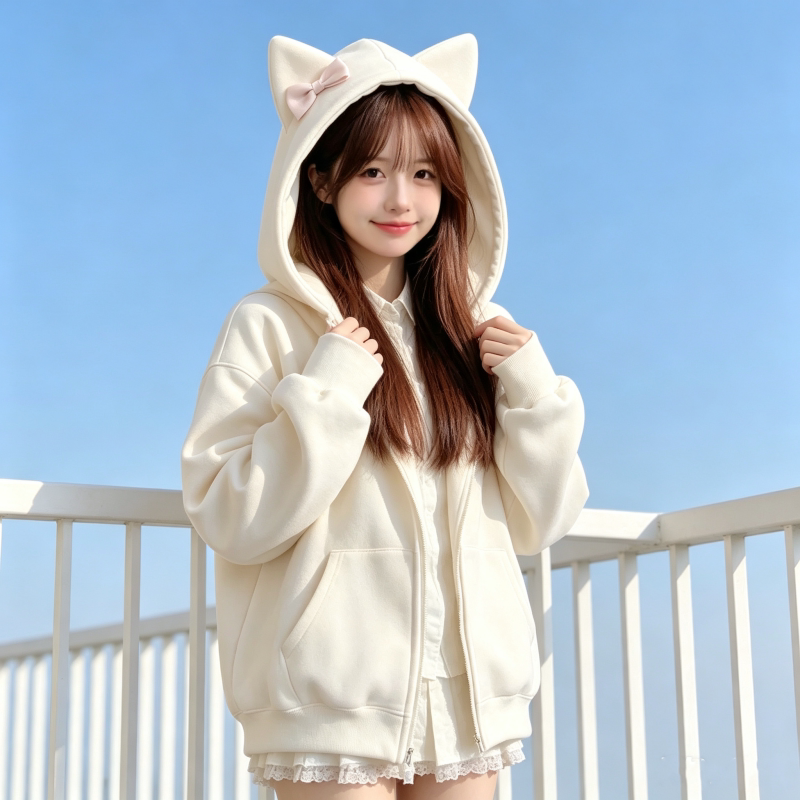 韩范秋冬季猫耳朵连帽卫衣外套少女感蝴蝶结装饰长袖宽松拉链帽衫