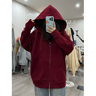 酒红色外套女2026新款春秋冬季慵懒加厚休闲开衫上衣连帽加绒卫衣