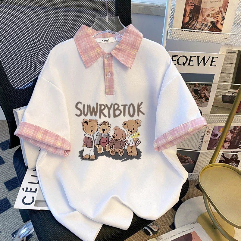 美式童装卡通假两件印花美式短袖格子领polo衫女童夏学院上衣t恤