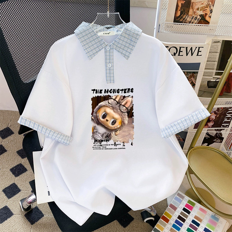 假两件大码短袖T恤少女夏装大码宽松初中高中学生POLO衫可爱上衣