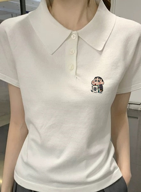 夏季ins风外穿通勤印花plol衫收腰女日系修身型轻奢可爱短袖上衣