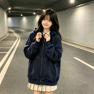 校园韩版连帽开衫女生秋冬季小众多巴胺大码休闲百搭复古潮流外套