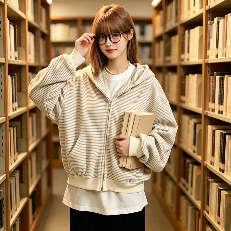 大码清新条纹连帽卫衣外套初秋韩版休闲女生日常宽松百搭拉链开衫