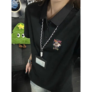 黑色短袖T恤女士翻领上衣半袖显瘦夏季宽松胖MM加大码印花POLO衫