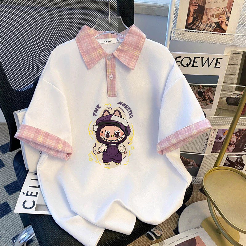 夏季polo童装上衣短袖ins假两件拼接格子女孩宝宝T恤宽松小众chic