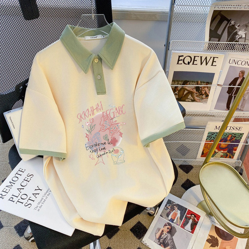 宽松翻领上衣夏季新款T恤短袖学院2026新款美式复古女童装胖妹妹