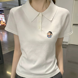 韩版美式新款多巴胺polo衫短袖t恤女夏季学院宽松风正翻领上衣ins