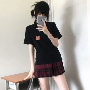 2026新款学院风卡通印花POLO衫女款短袖宽松百搭黑色T恤夏季上衣