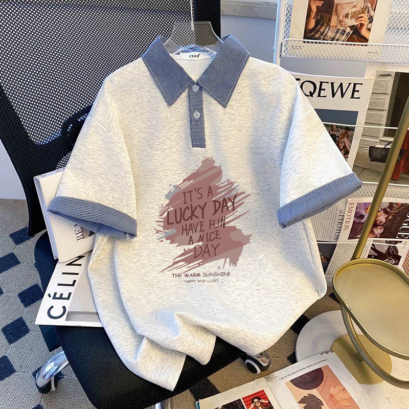 格子polo拼接短袖2026T恤夏季新款儿童宽松学院上衣修身女童复古