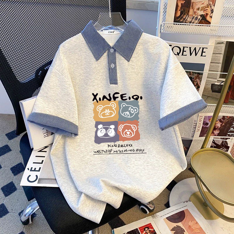 2026韩版美式童装夏季polo新款翻领格子宽松短袖T恤上衣女童小众