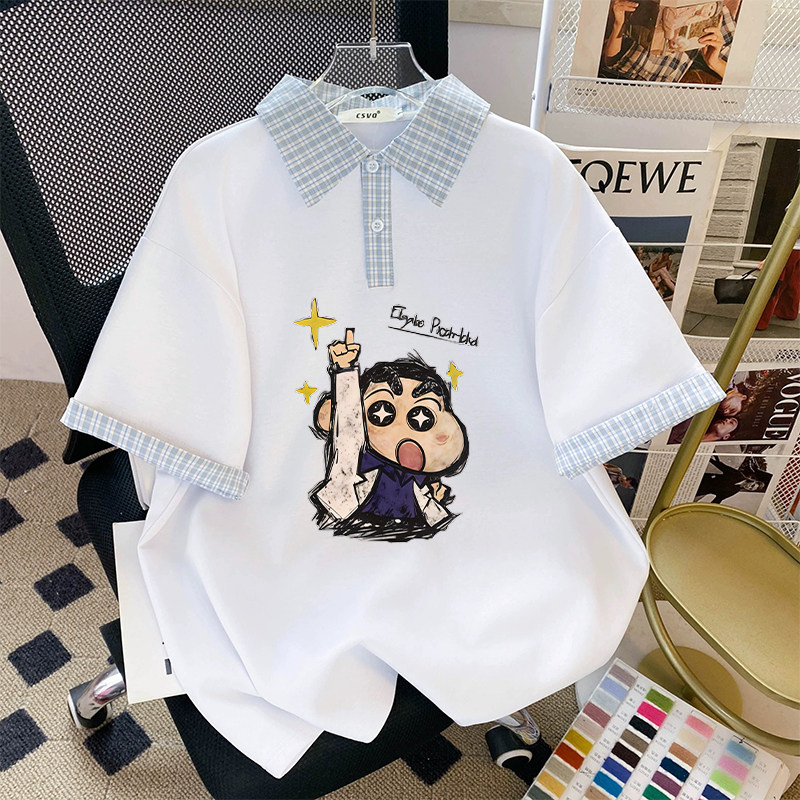 新款假两件卡通印花polo衫T恤女夏季慵懒正肩通勤设计感短袖上衣