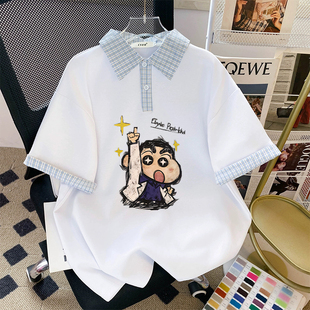 新款假两件卡通印花polo衫T恤女夏季慵懒正肩通勤设计感短袖上衣