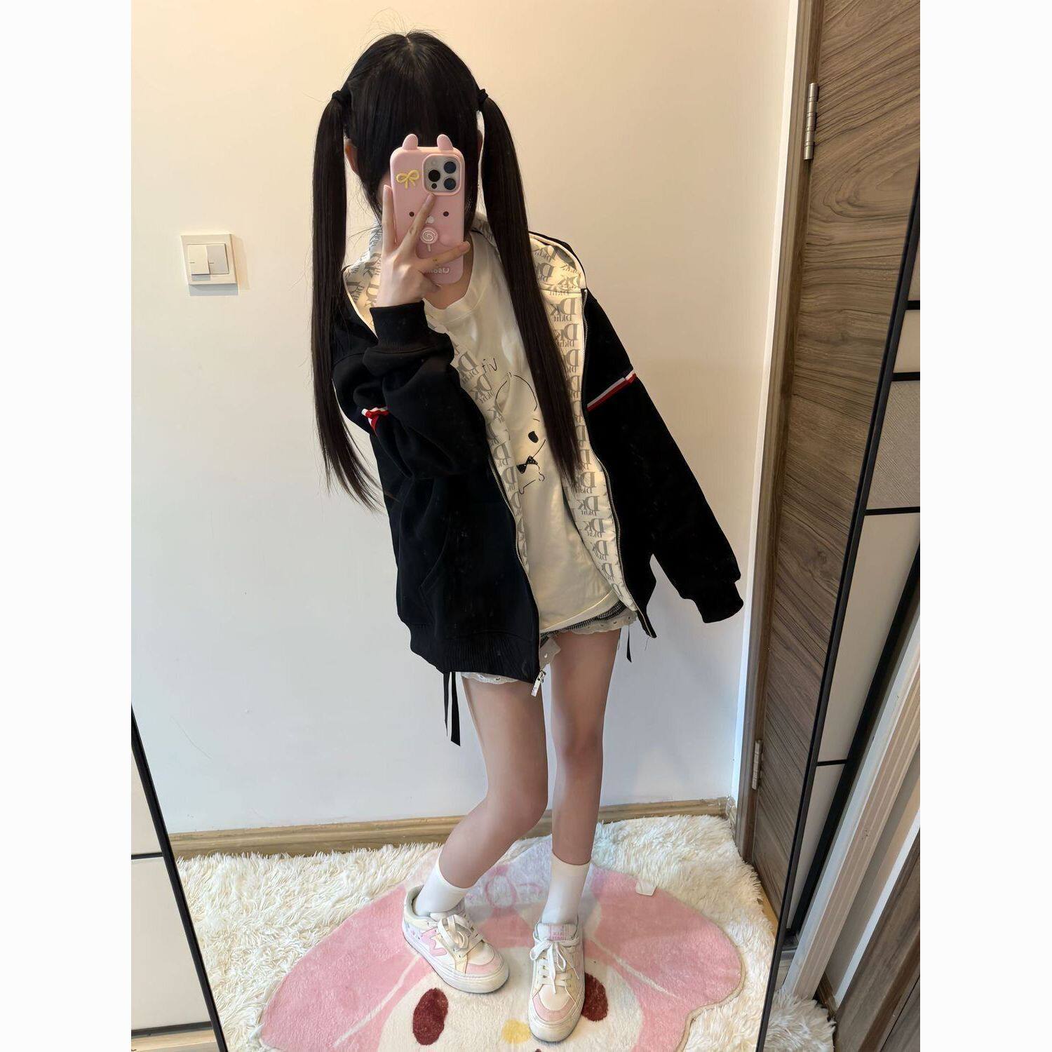 美式高街字母印花织带开衫卫衣女秋季宽松百搭慵懒风情侣学生外套