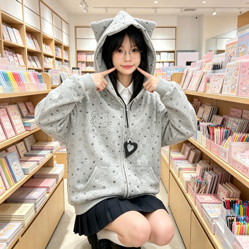 可爱日系百搭猫耳连帽拉链开衫卫衣女复古风大码少女学生长袖外套