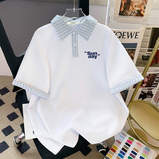 可爱字母印花polo衫短袖男女童假两件蓝色格子中大童夏季新款T恤