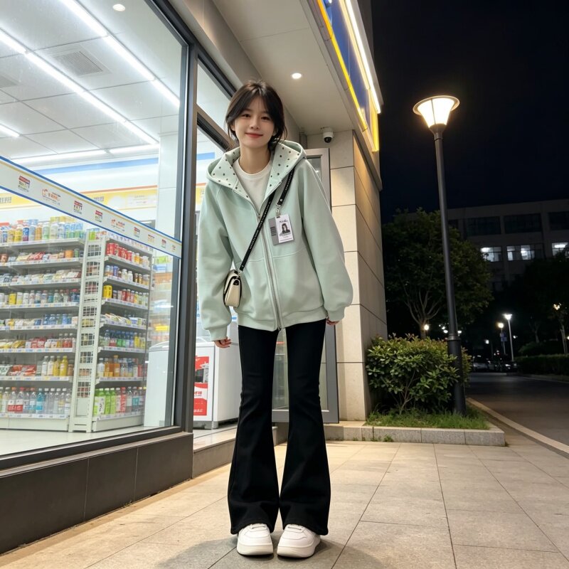 日系小众波点帽外套女秋季韩系松弛感大码百搭通勤风休闲潮牌卫衣