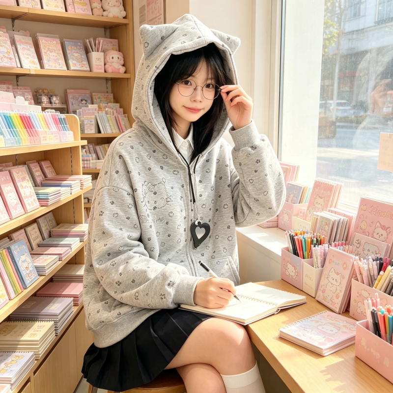 复古设计感百搭猫耳连帽拉链开衫卫衣女元气大码少女学生长袖外套