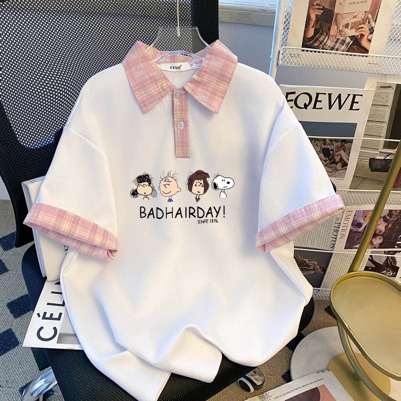 宽松短袖poloT恤夏季新款翻领上衣大码格子ins多巴胺学院2026女童