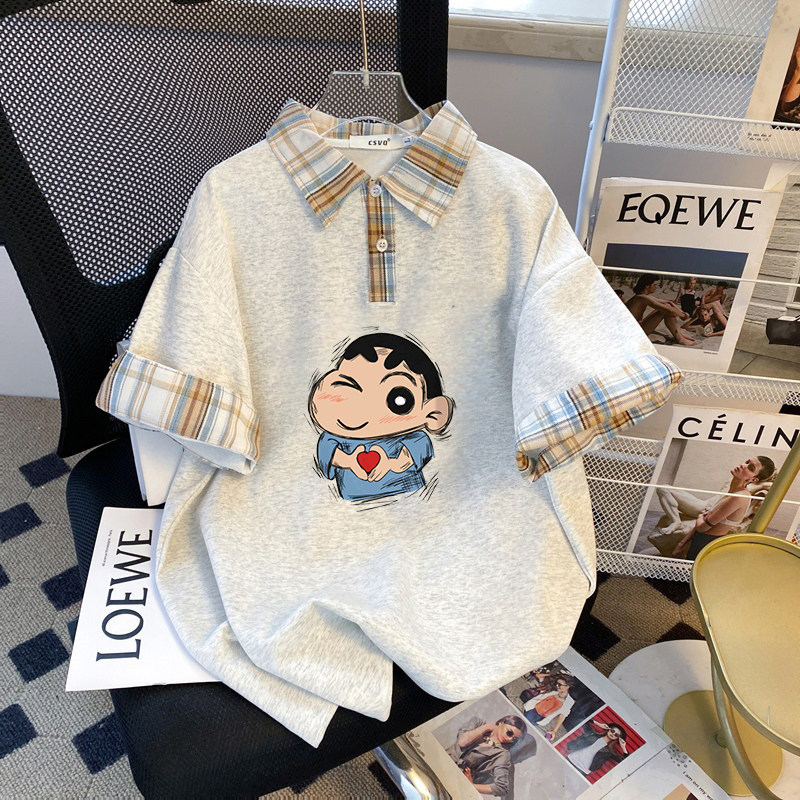 T恤韩版polo夏季设计女孩短袖拼接童装格子印花上衣体恤学院chic