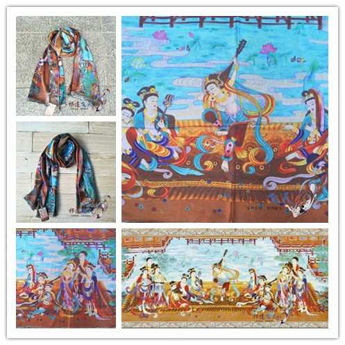 敦煌飞天壁画真丝丝巾反弹琵琶纯桑蚕丝真丝披肩围巾女包邮