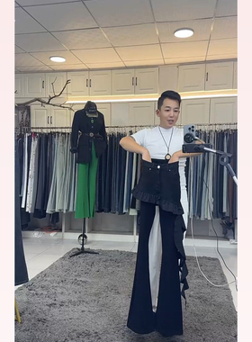 微喇牛仔裤99386高腰拼接荷叶边假两件弹力燕龙服饰原创定制加长