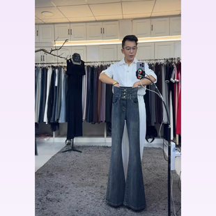 燕龙服饰2018原创设计复古色妖精三个扣设计高腰弹力微喇牛仔裤