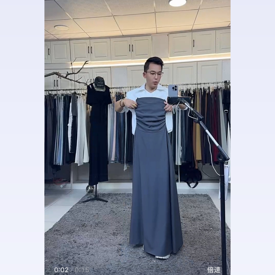 燕龙服饰1063灰色吊带连衣裙高级感简约收腰褶皱大裙摆A字长裙